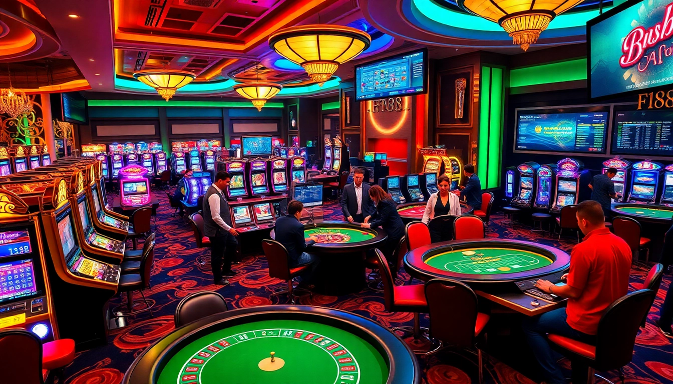 Experience the excitement of F168's vibrant casino with lively gaming tables and slot machines.