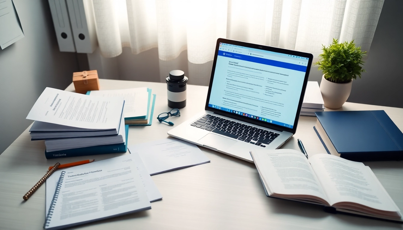 Espace de travail professionnel pour un traducteur assermenté, présentant des traductions organisées et des documents juridiques.