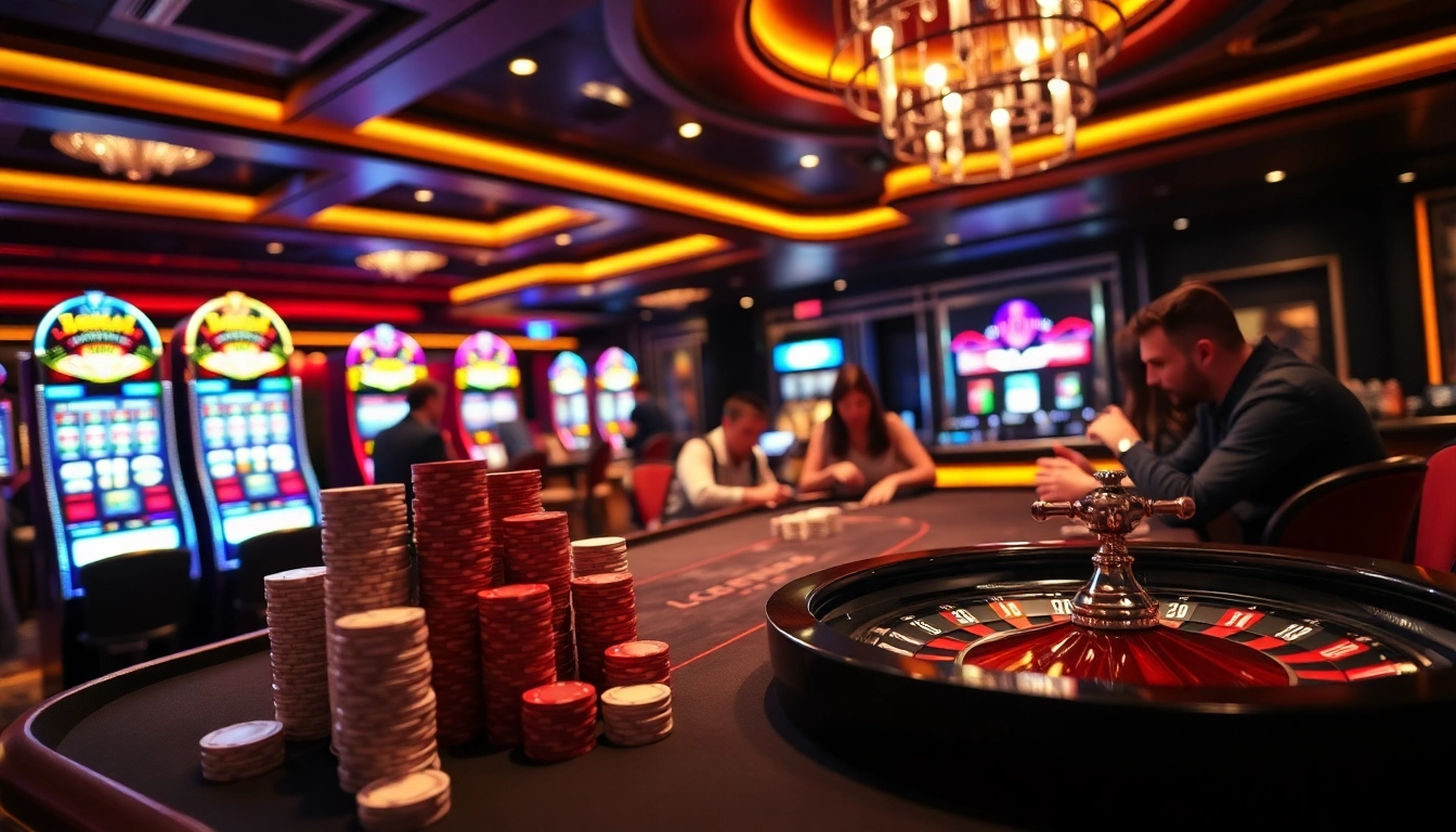 Engage in thrilling gaming at lc88 casino with players enjoying poker and roulette.