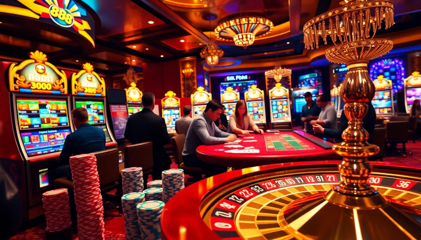 Engaging casino scene showcasing vibrant gameplay at 888b with cards, roulette, and excited players.