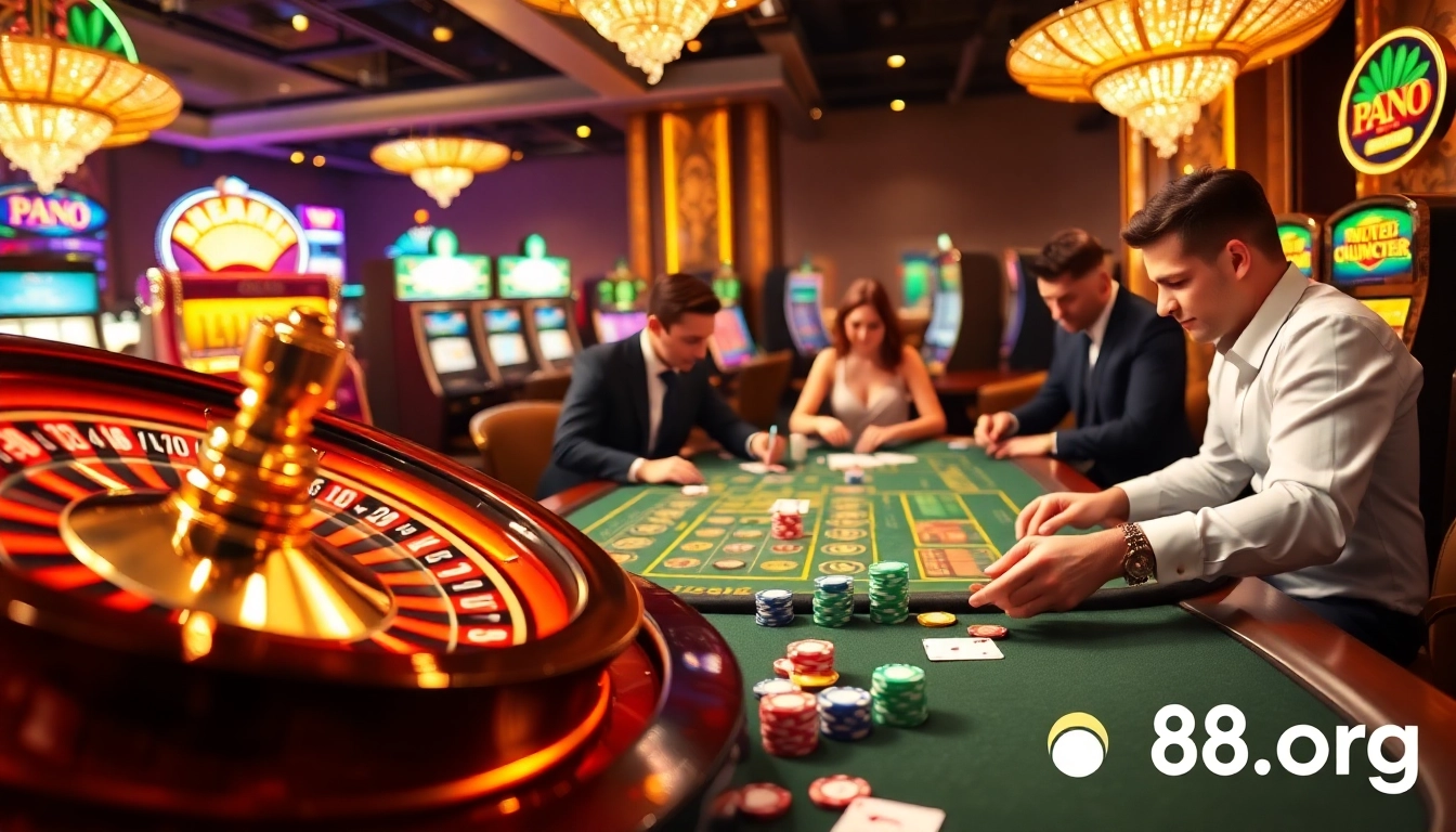S8 org enhances the thrill of casino gaming with professional players at a vibrant roulette wheel and poker table.