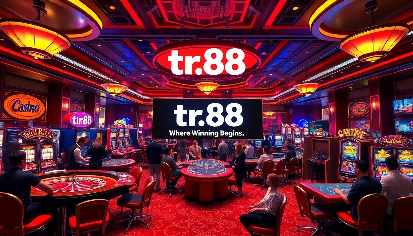 Excited gamblers enjoying games at tr88 casino with vibrant lights and luxurious decor.