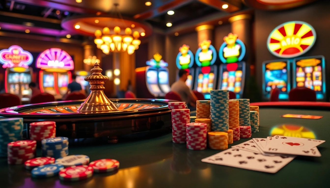 Experience exhilarating gameplay at nk88.bio with vibrant casino elements like roulette wheels and poker chips.