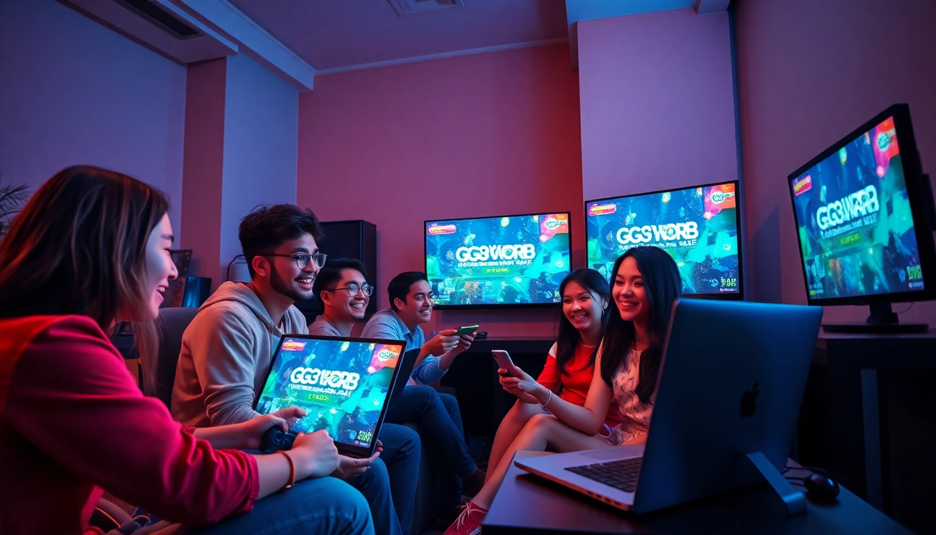 Experience the excitement of GG88 WORK in a modern gaming lounge where players engage with vibrant interfaces and high-tech devices.