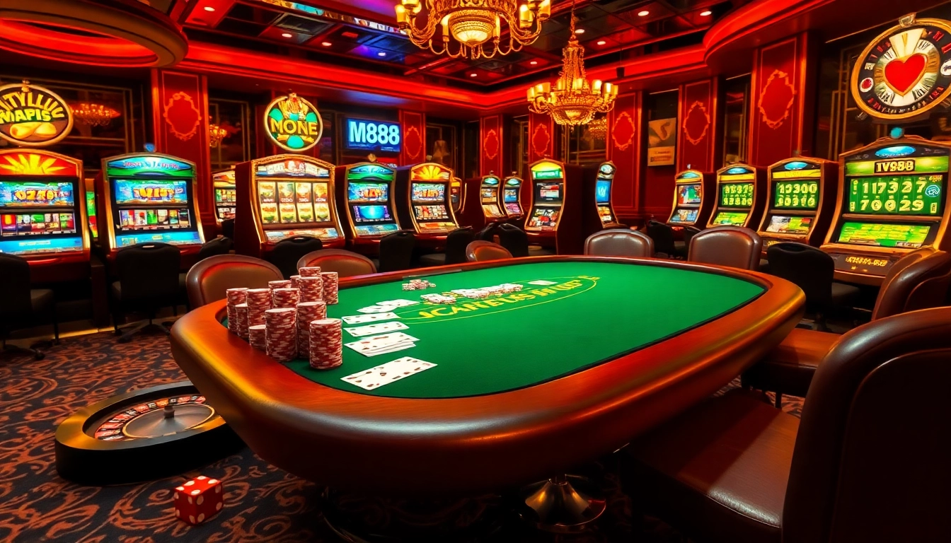Engage in thrilling gameplay at MV88 Casino with vibrant poker chips and bright slot machines.