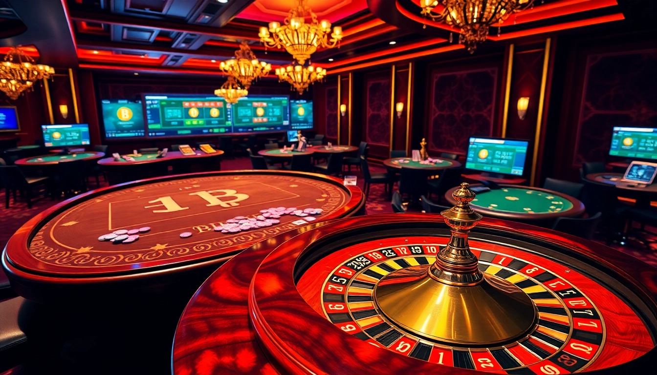 Experience thrilling gameplay at a Bitcoin casino with luxurious tables and vibrant colors.