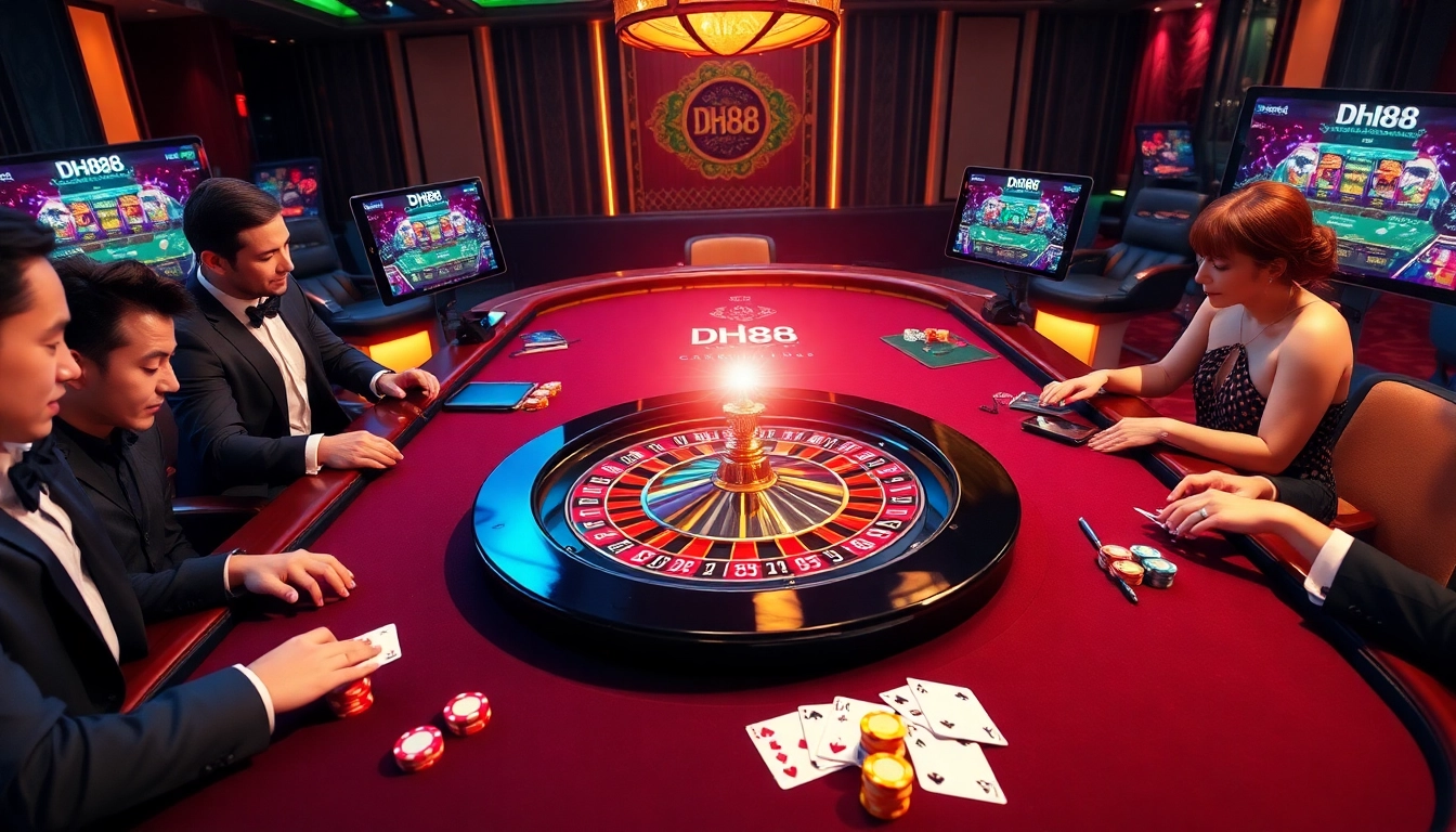 Engaged players enjoying a thrilling DH88 casino gaming experience with vibrant poker chips and a roulette wheel.