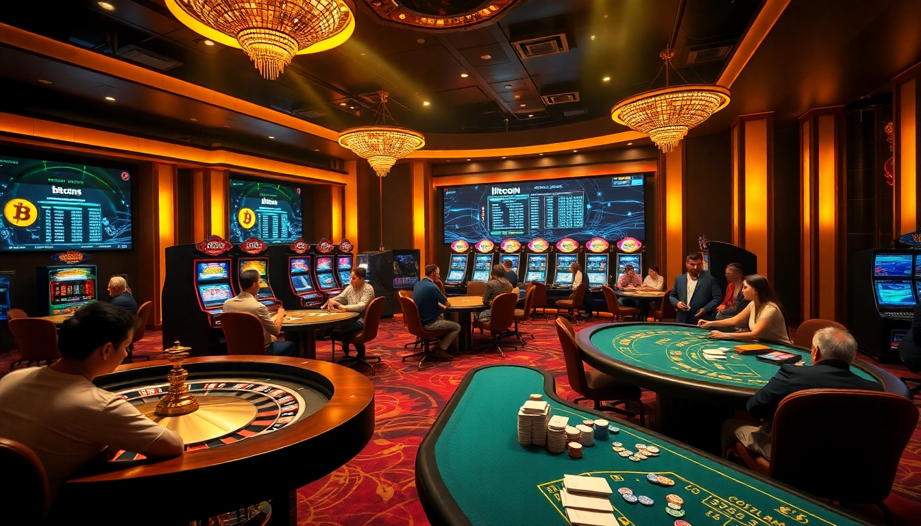 Experience the thrill at a Bitcoin casino with vibrant roulette and card tables.