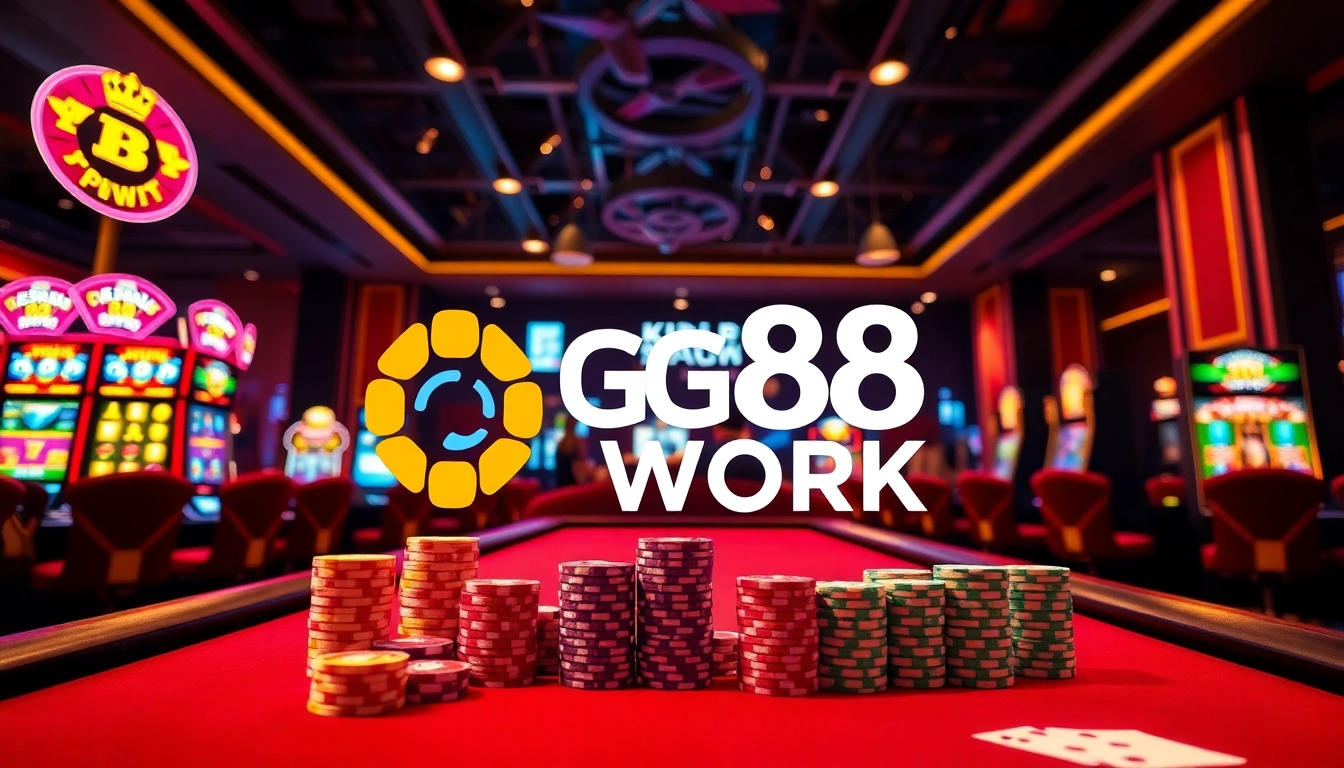 Experience the thrill at GG88 WORK with a luxurious casino setting, including poker tables and slots.