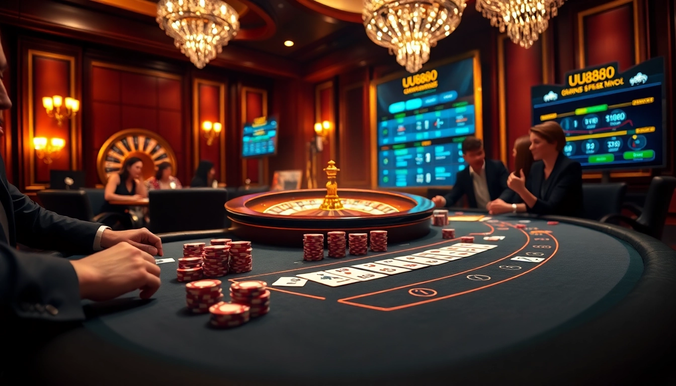 Players engaging at a luxurious table in the UU8888 casino with excitement and high stakes.
