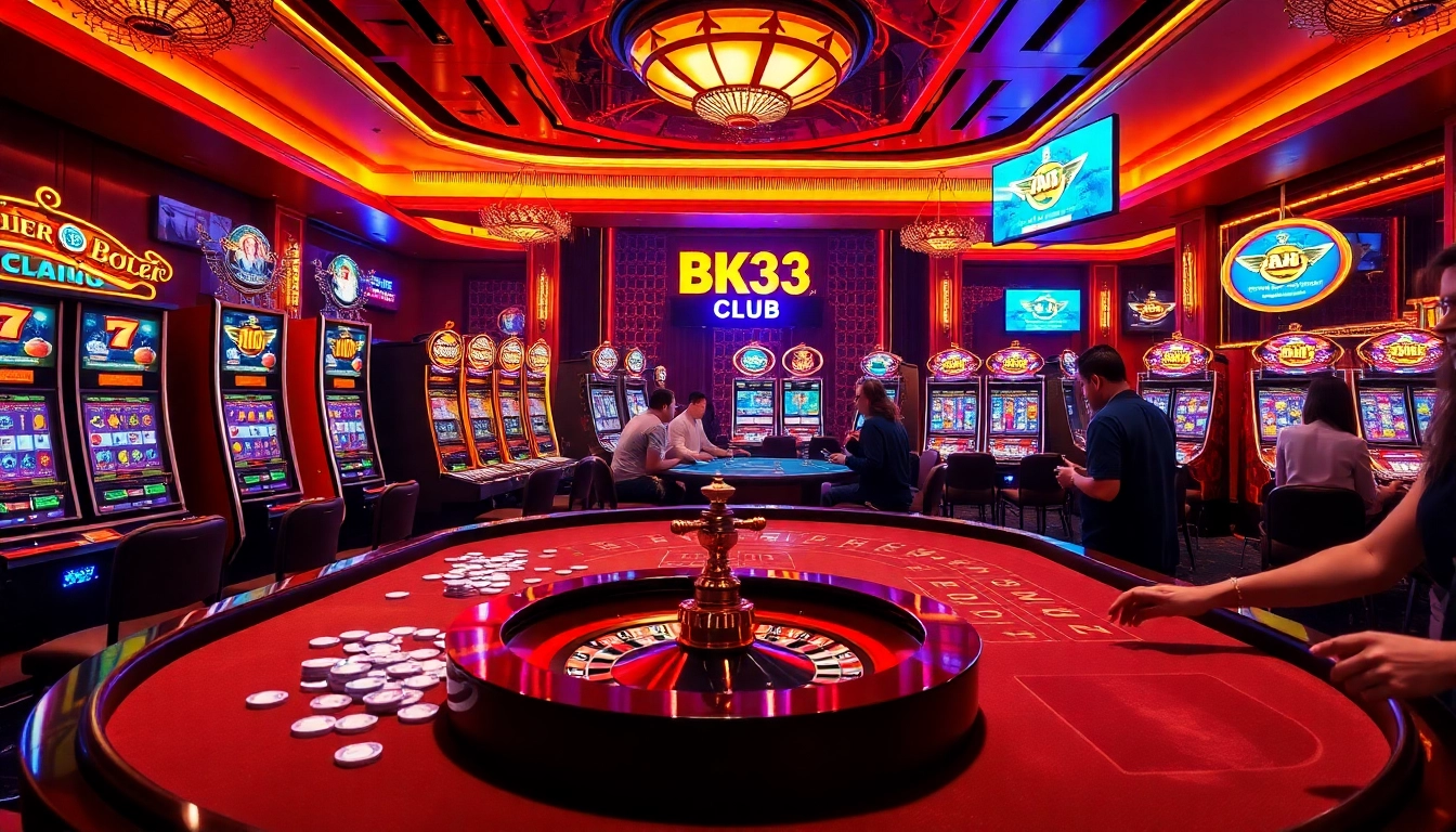 Join the excitement at Bk33 club with vibrant slot machines and engaging players at a casino table.