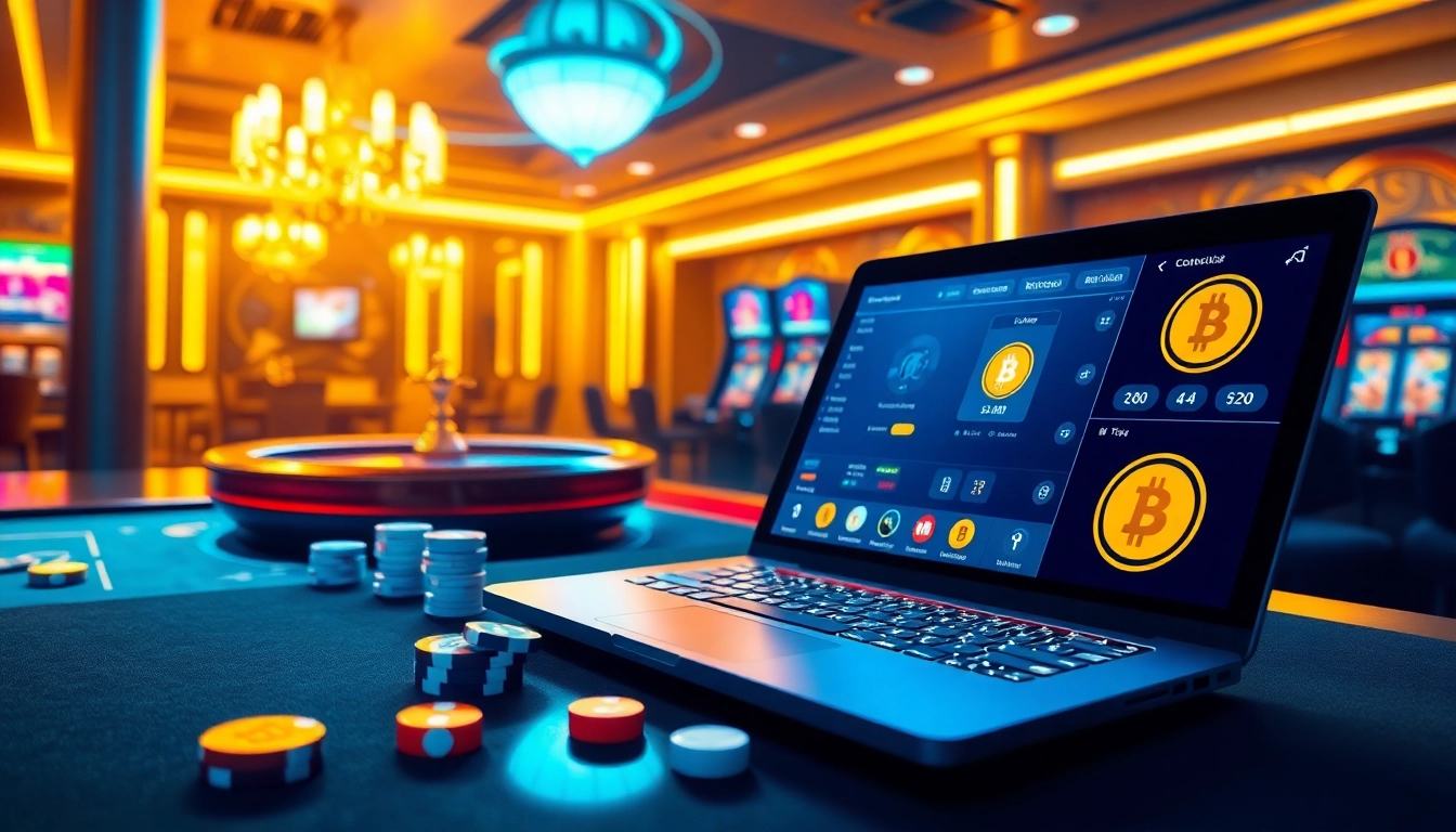 Enjoy thrilling gaming action at crypto casinos featuring poker, roulette, and Bitcoin symbols.