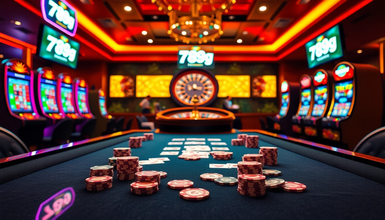Experimenta la emoción de apostar en 789g con una mesa de casino vibrante y máquinas tragamonedas.
