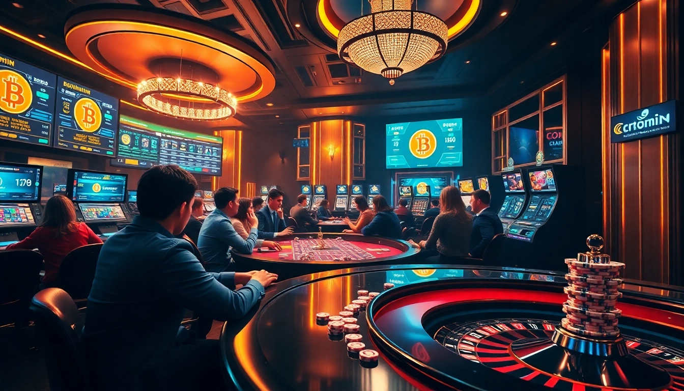 Exciting atmosphere of a Bitcoin casino with vibrant games and cryptocurrency action.