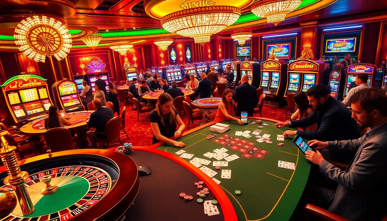 Rich casino scene at rikvip featuring gaming tables and vibrant slot machines.