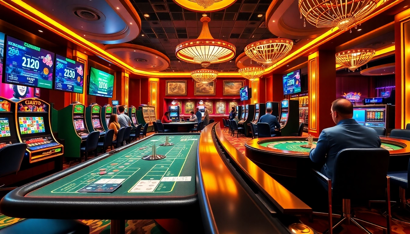 Des joueurs profitant de l'excitation des casinos crypto-monnaies, autour de machines à sous vibrantes et de tables de poker élégantes.