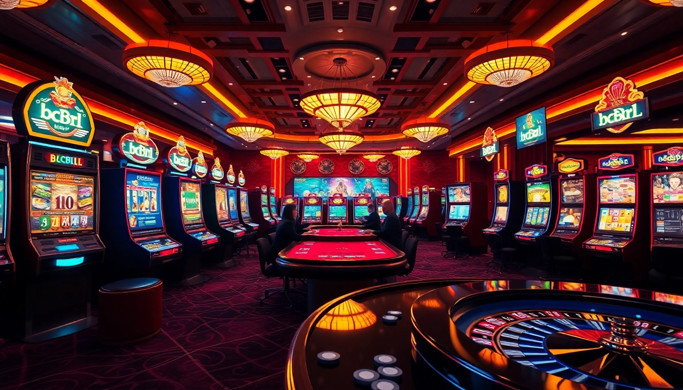 Jugadores comprometidos disfrutando de varios juegos en la plataforma BCBRL con elementos de casino vibrantes.
