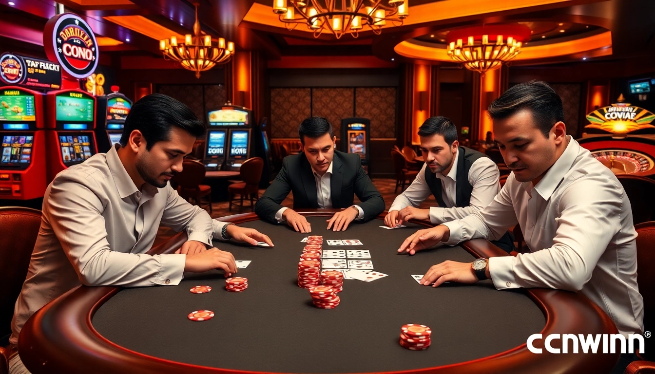 Cwin-themed gambling scene depicting a high-stakes poker game with intense players and casino excitement.