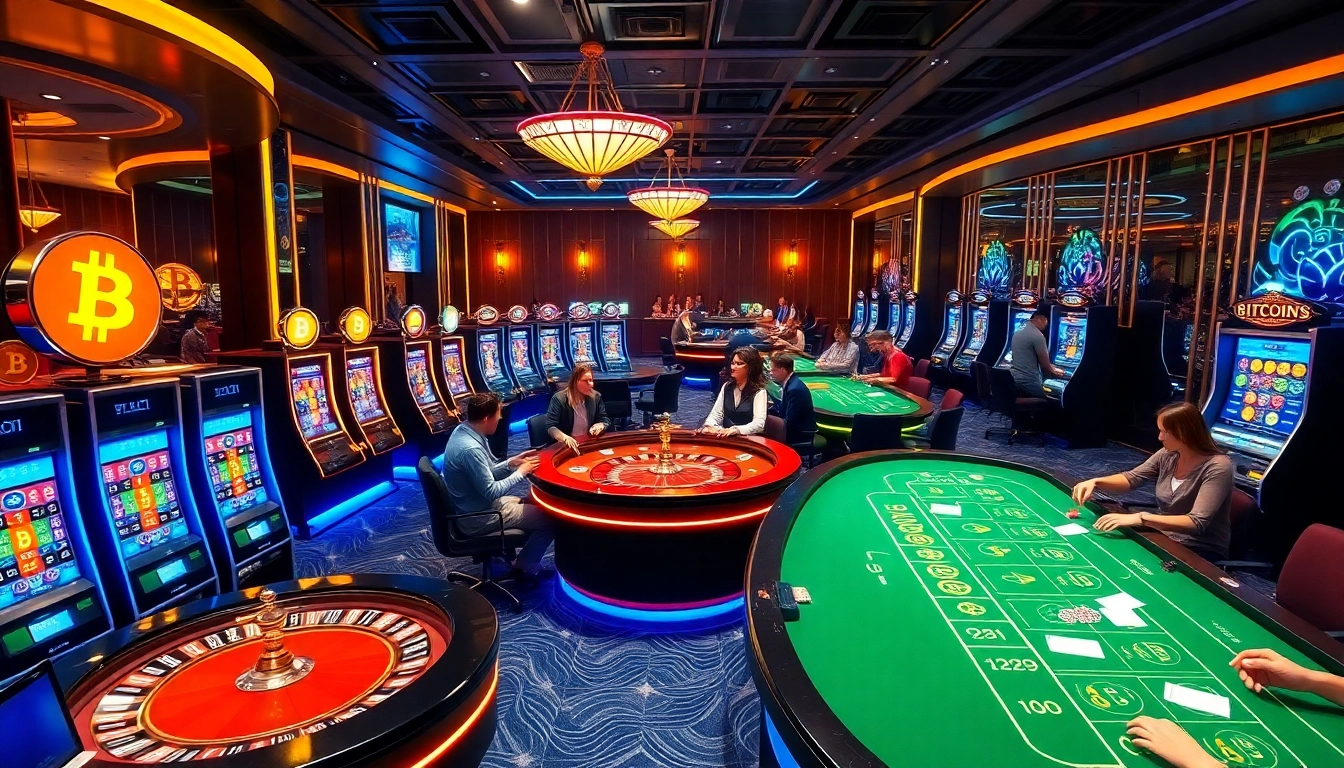 Exciting gameplay at a Bitcoin casino filled with vibrant slot machines and poker tables.