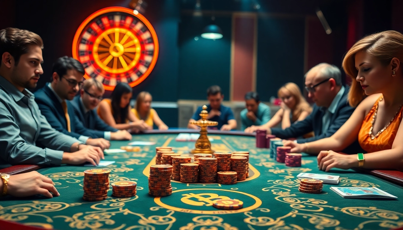 Players enjoying a thrilling experience at a Bitcoin casino table, surrounded by colorful poker chips.