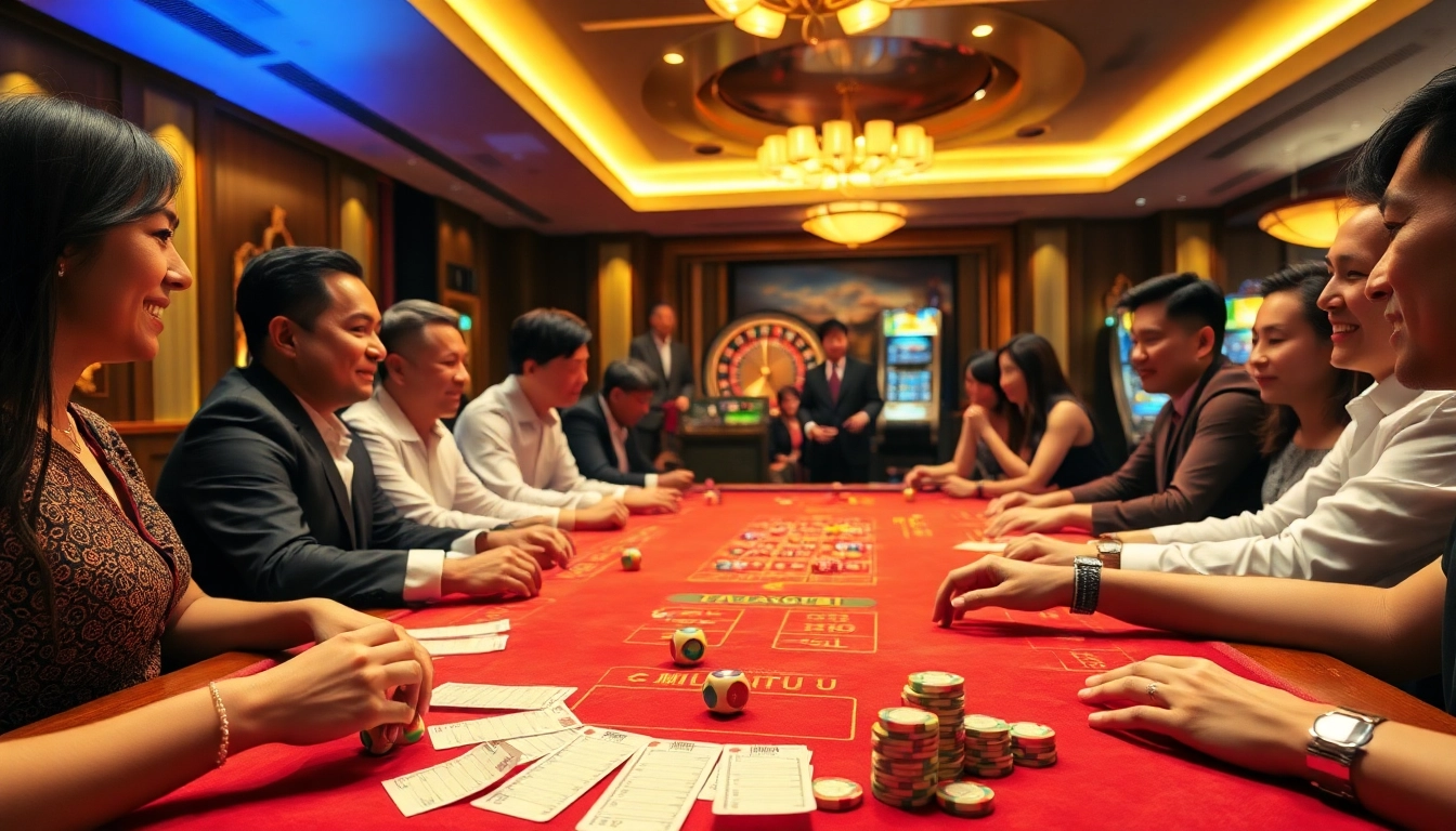 Engaging Tai Xiu gameplay scene at a luxurious casino table with colorful dice.