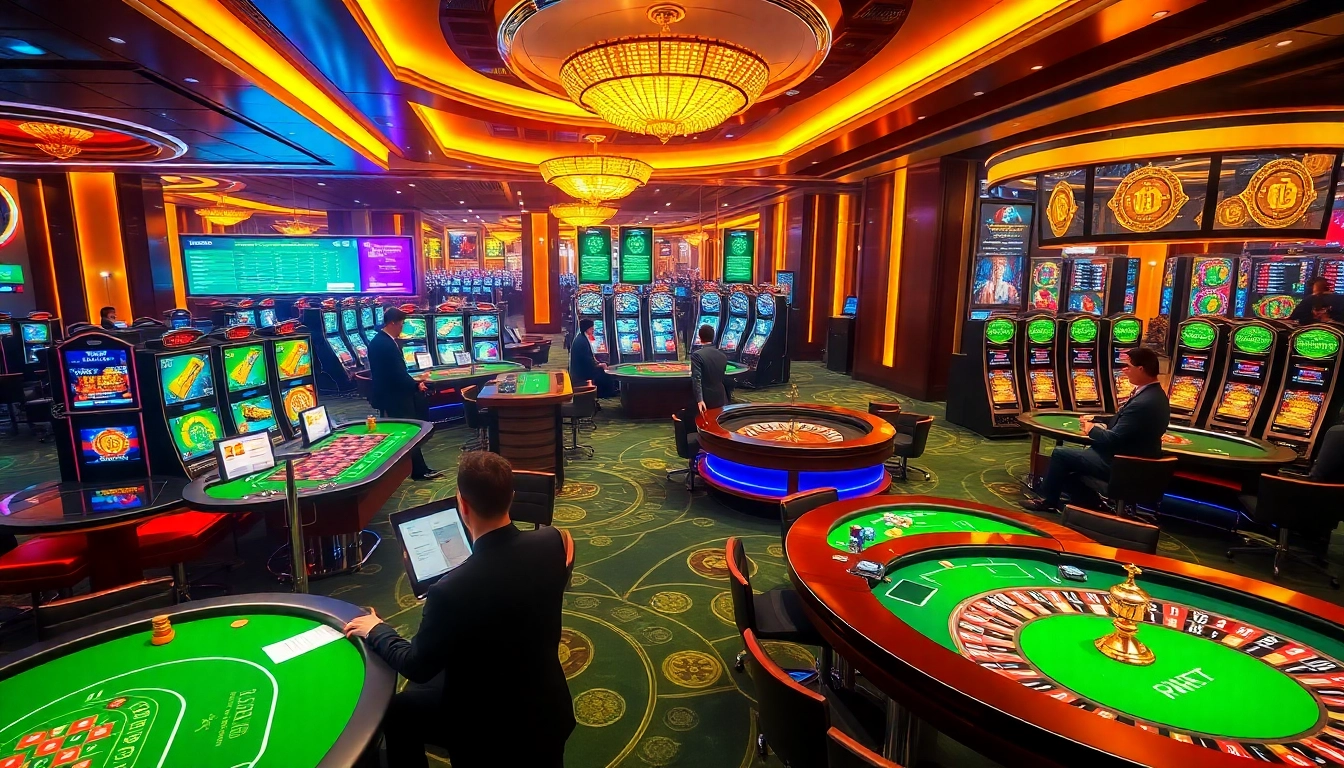 Players engaging in exciting games at crypto casinos, using digital interfaces and vibrant slot machines.