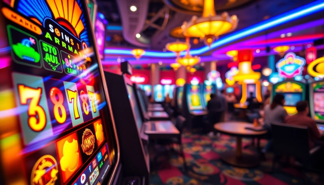 Jouer aux machines à sous en ligne en argent réel avec des graphiques colorés et une ambiance de casino.