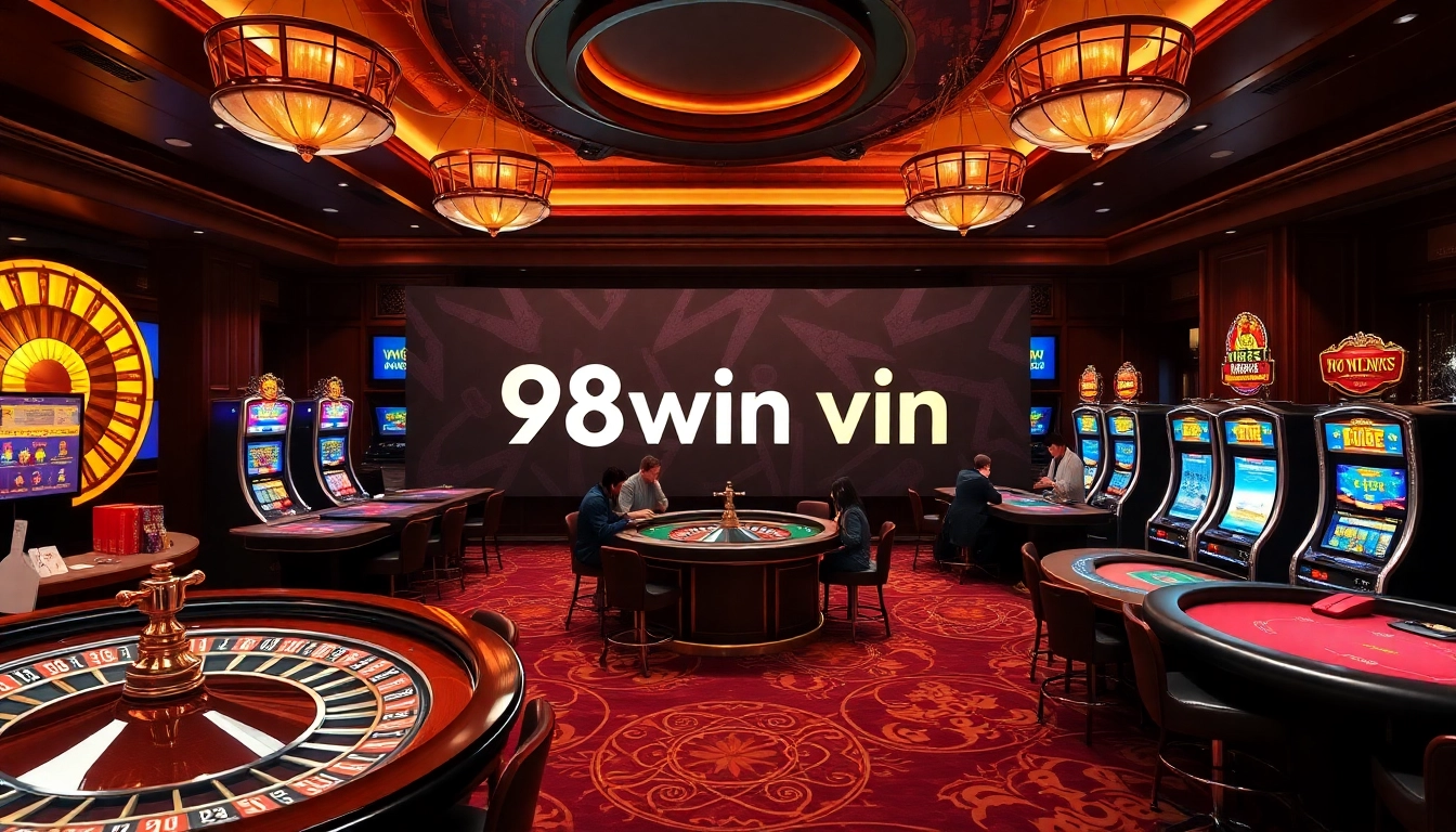 Engaging casino experience showcasing 98win vin with roulette wheels and poker tables.