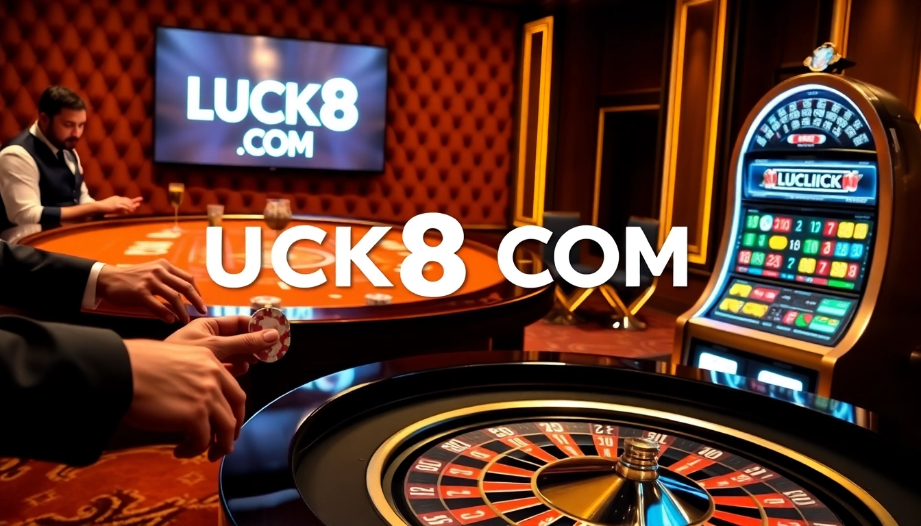 Experience excitement at the LUCK8 COM casino with players enjoying roulette and vibrant slot machines.