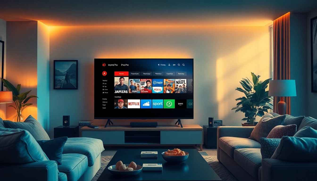 Iron tv pro streaming interface on a modern TV in a cozy living room setting.