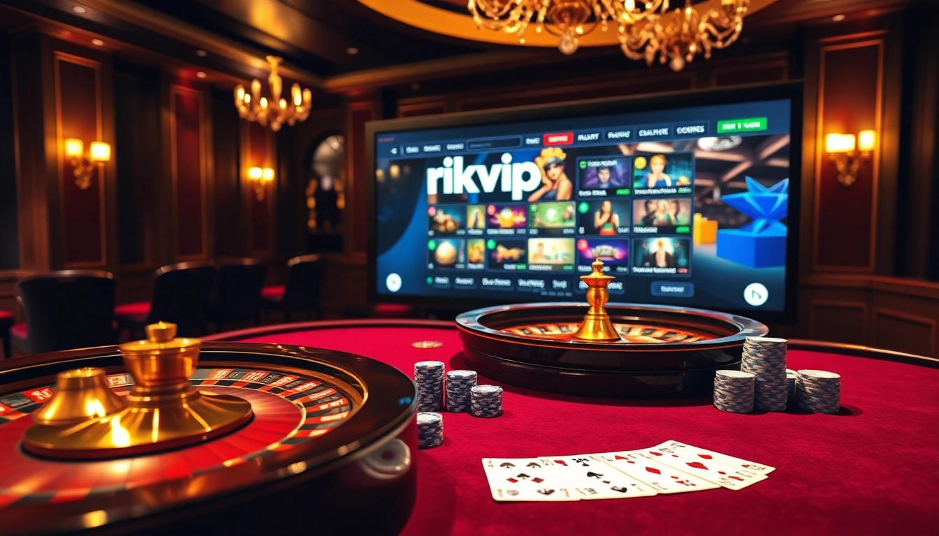 Experience the thrill of rikvip at an opulent casino table with poker chips and a roulette wheel.