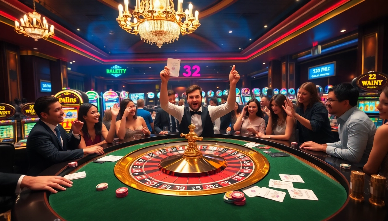 Excited players celebrating a 32 win at a luxurious casino roulette table with vibrant chips and cards.