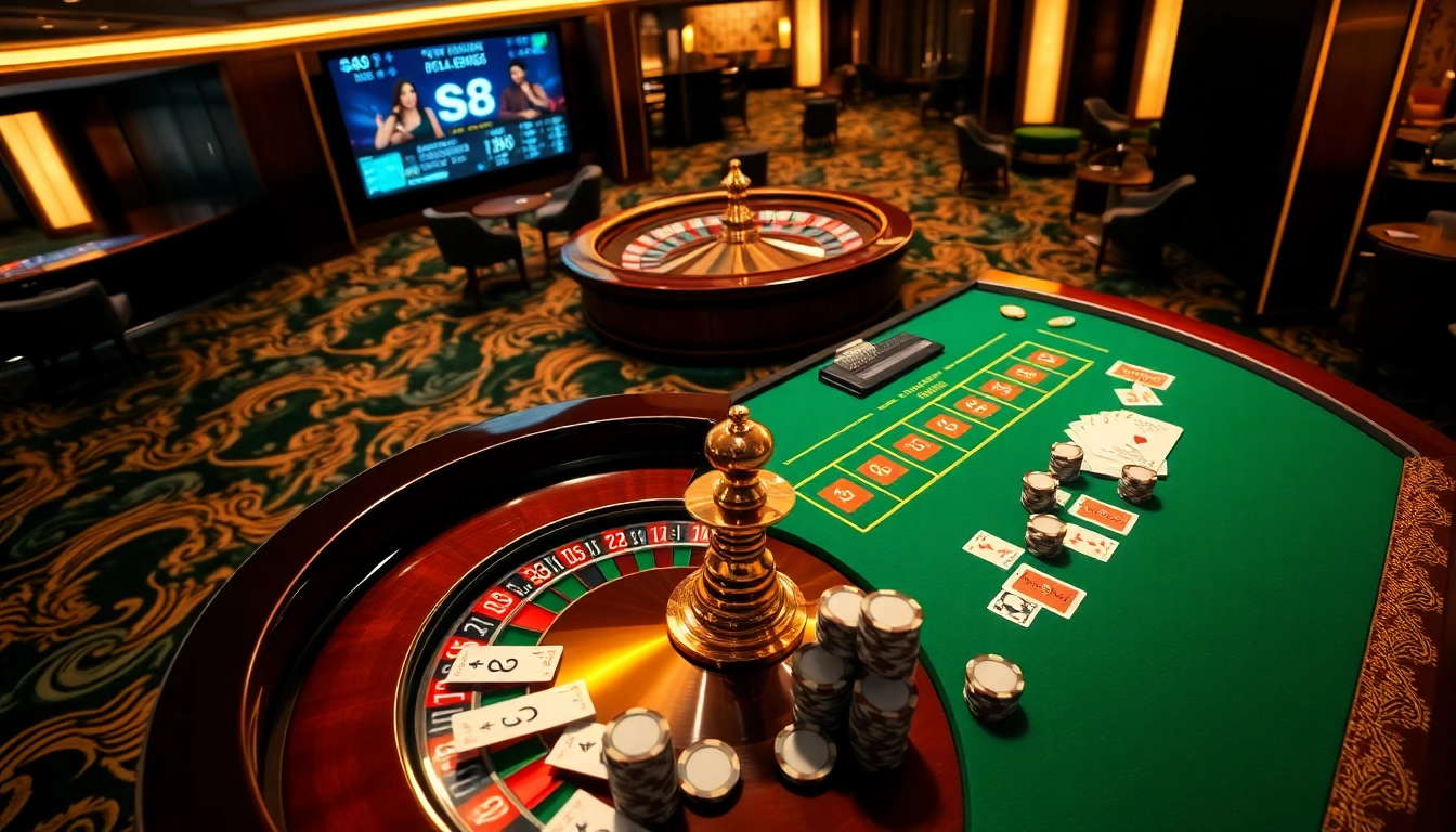 S8 themed casino gaming table featuring vibrant poker chips, cards, and a stylish roulette wheel for immersive gambling experience.