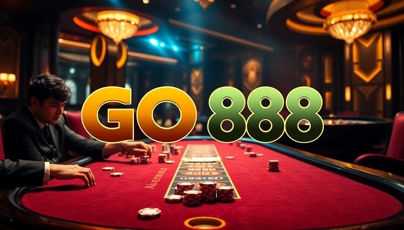 Engaging poker game at GO88 casino with colorful chips and glamorous ambiance.