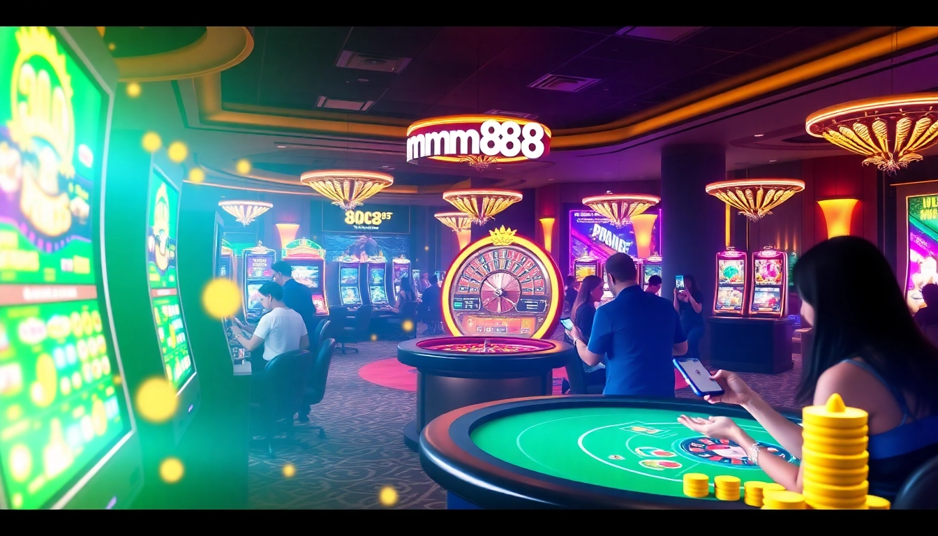 Excited players engaging in online gambling at mm88 kjc, showcasing vibrant casino games.