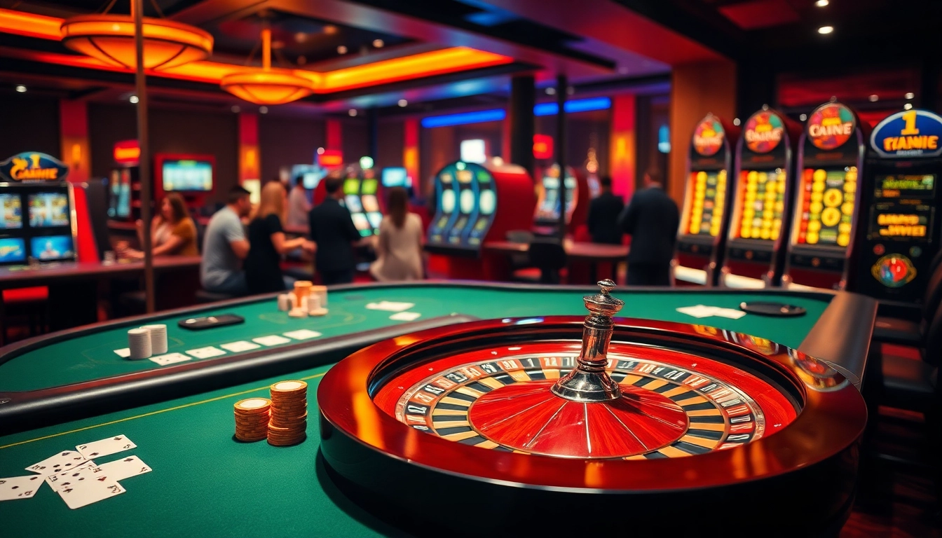 Exciting scene of casino en ligne France highlighting poker tables, roulette, and slot machines.