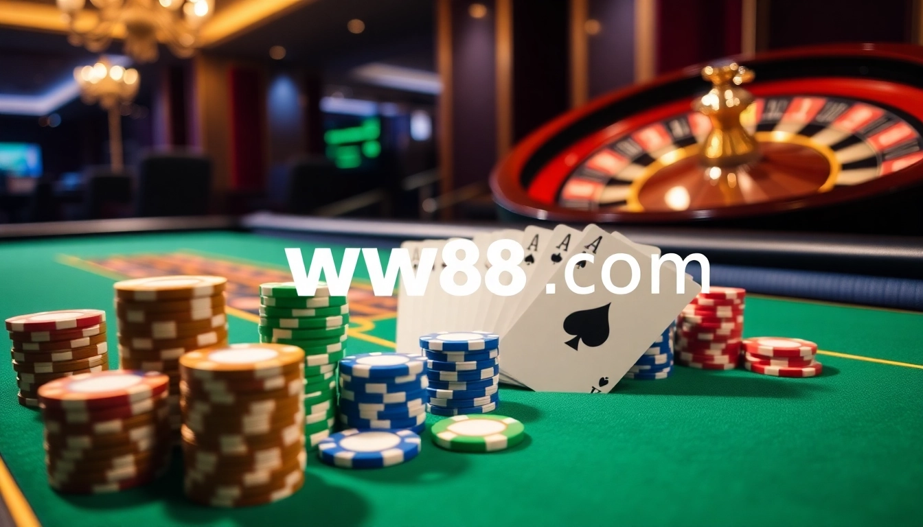 Engage with thrilling games at ww88.com, featuring poker chips and a roulette wheel in a luxurious casino.