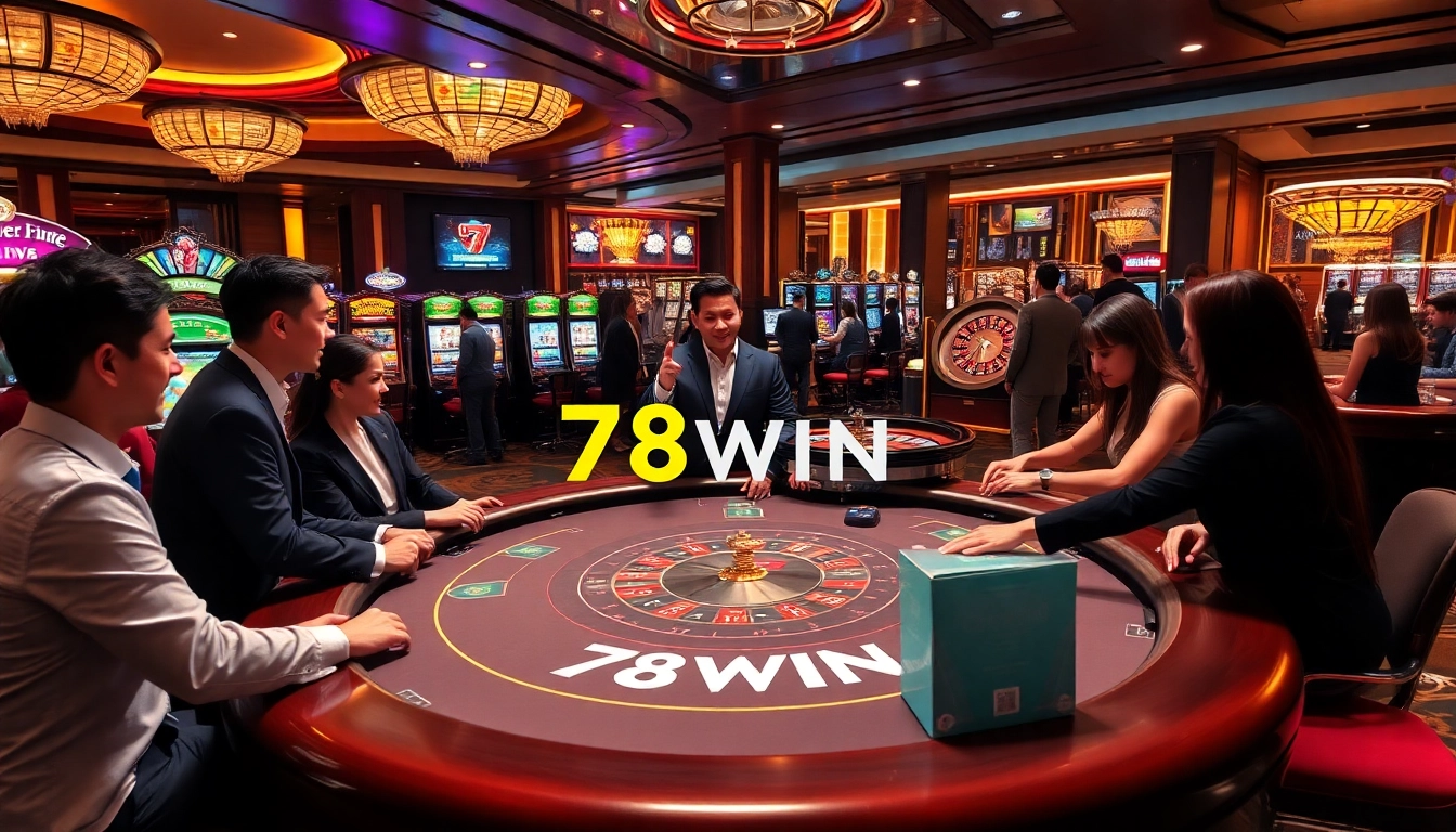 Players engaging in an exciting game at the 78WIN casino table with vibrant lights and luxury.
