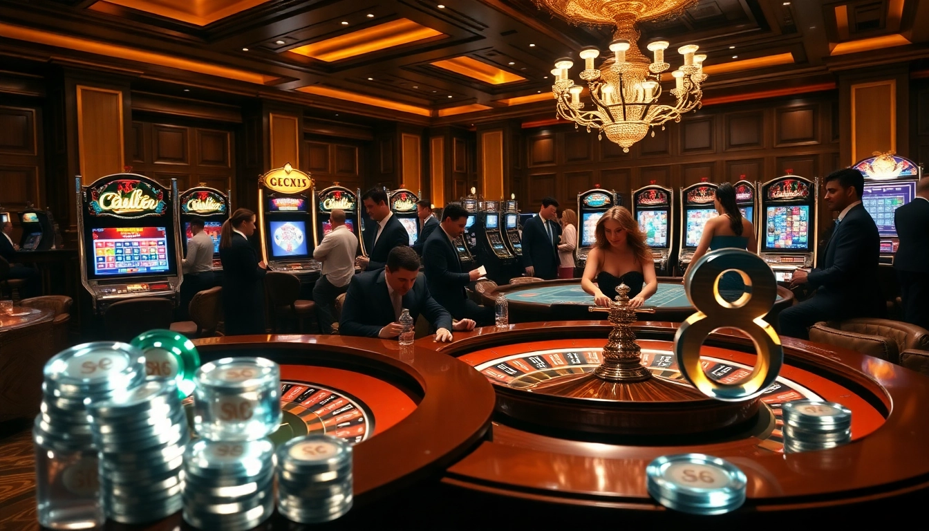 Experience the thrill of S8 betting at a luxurious casino, featuring vibrant roulette tables and lively players.