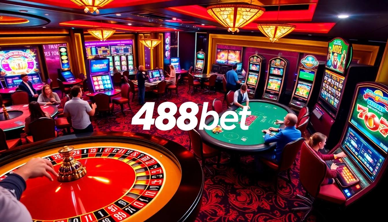 Apostadores entusiasmados disfrutan la emoción del juego en el casino 488bet con ruleta y máquinas tragamonedas.