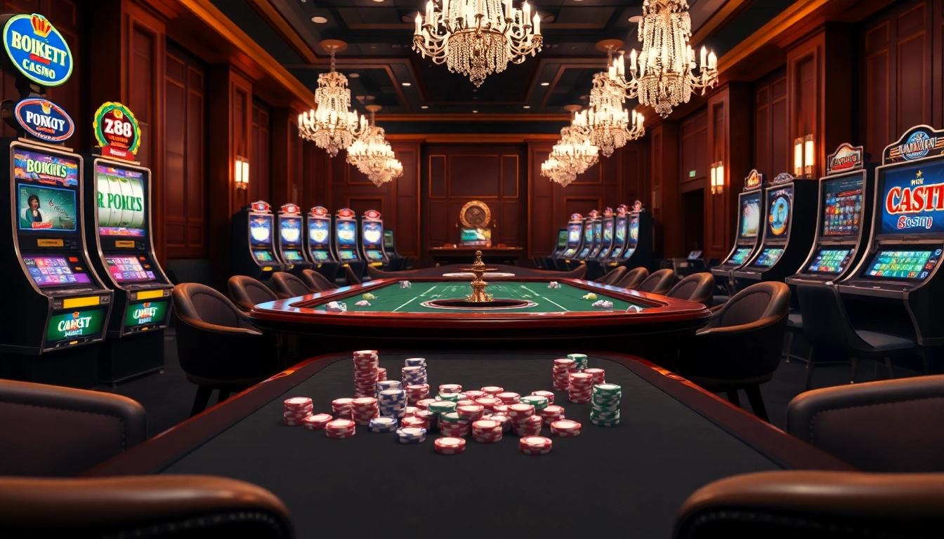 Experience thrilling games at Nhà cái X88 with vibrant slot machines and elegant poker tables.