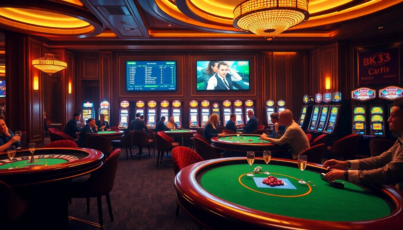 Engage in thrilling gameplay at Bk33 club with poker tables and vibrant slot machines.