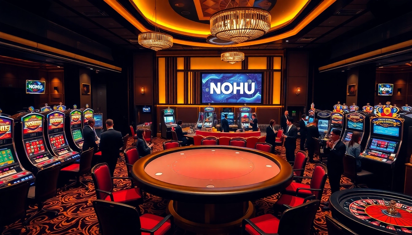 Gamblers thrill at the casino tables with NOHU branding visible in an elegant setting.