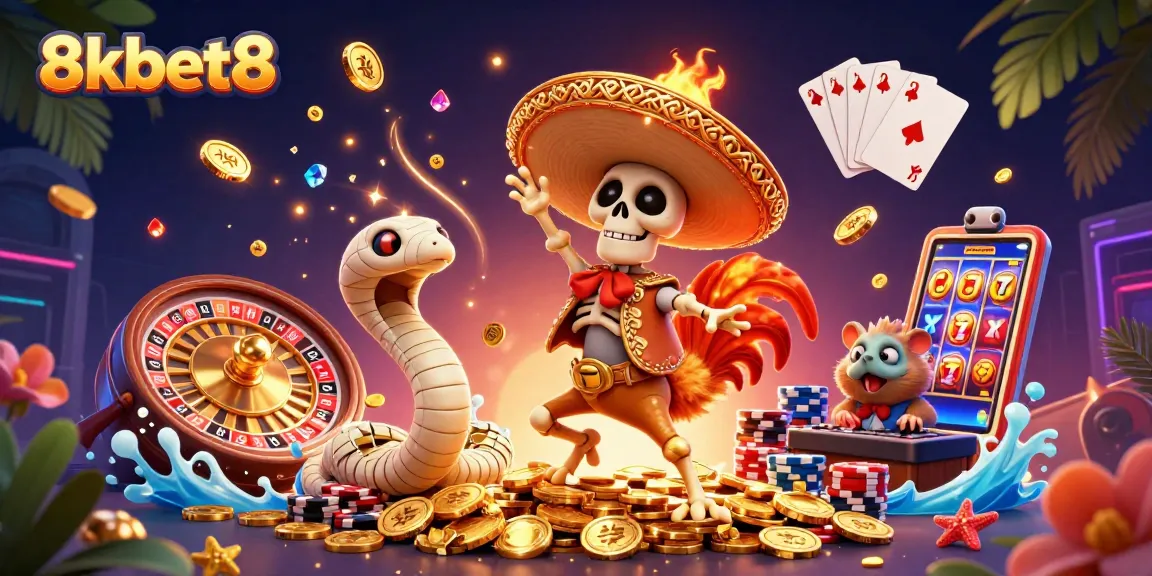 Celebrate wins at 8kbet8 with a vibrant scene of a mariachi rooster dancing on gold coins amidst casino action.