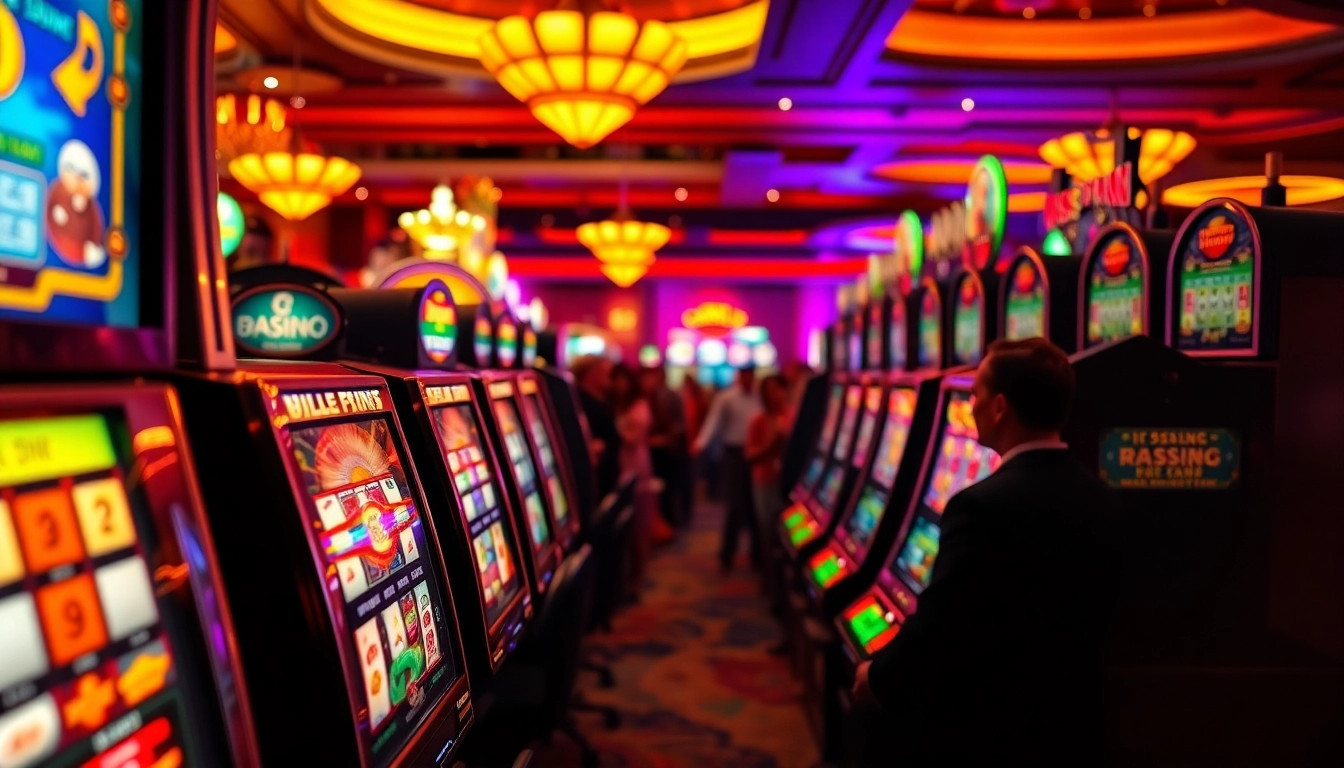 Jouer à la machine à sous casino avec des joueurs enthousiastes dans une ambiance de casino vibrante. related image