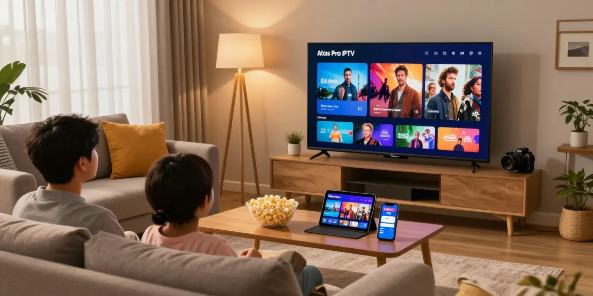 Famille profitant de l'abonnement Atlas Pro sur Smart TV avec ambiance chaleureuse.