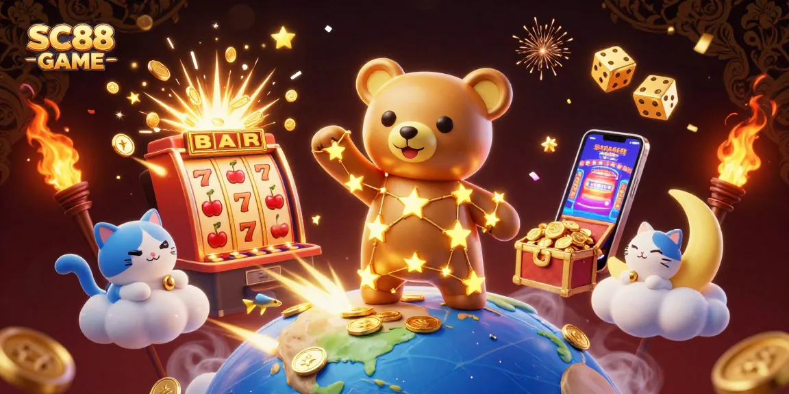 Experience the excitement of SC88 GAME with a vibrant 3D illustration showcasing jackpots, slots, and immersive elements.