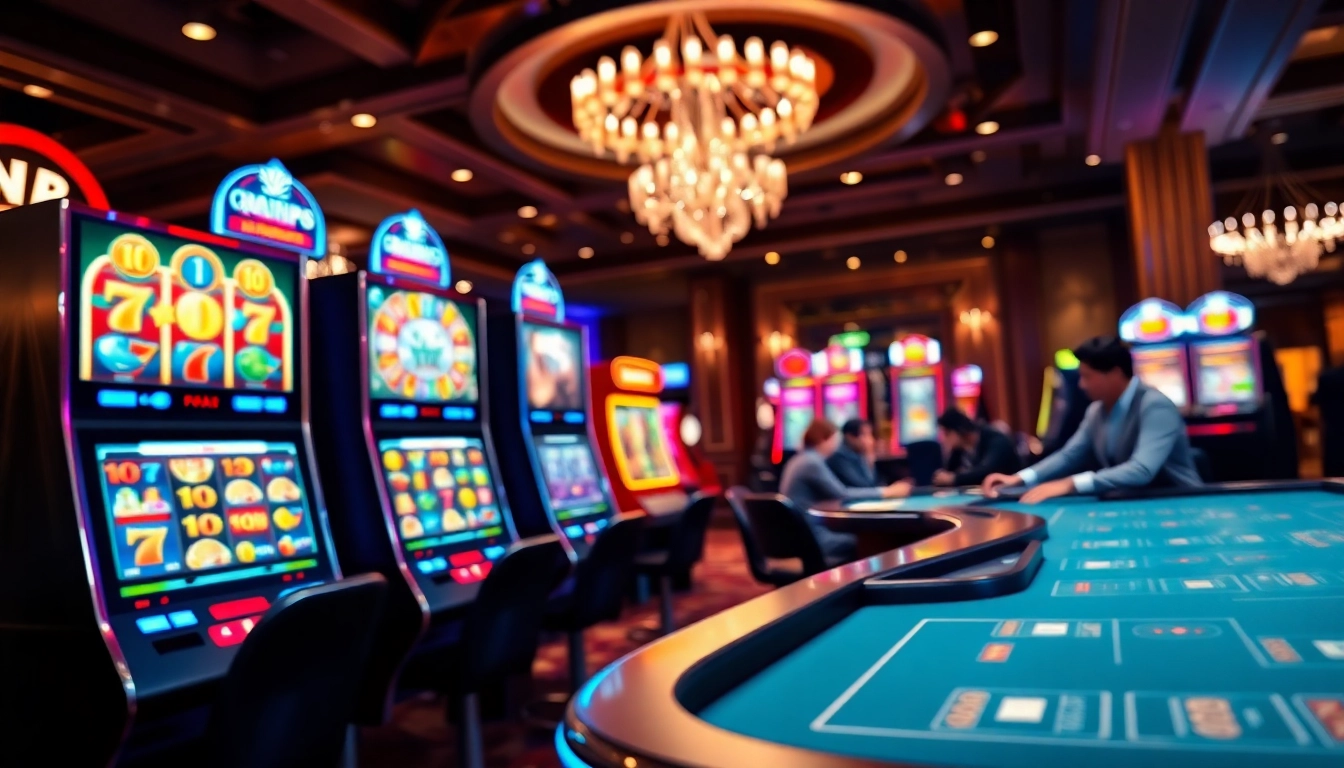 Vibrant scene of players enjoying casino en ligne games with lively slot machines and engaging atmosphere.