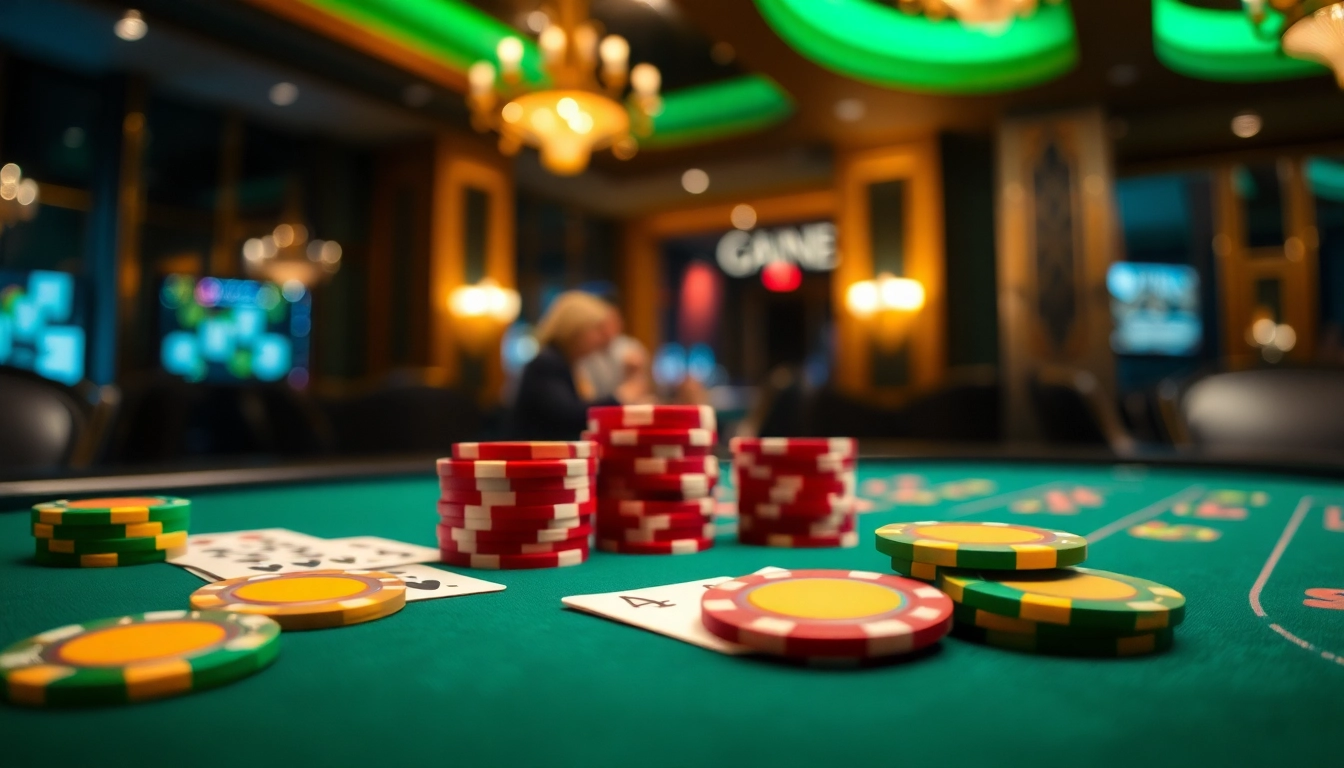 Jouer à un casino en ligne avec des jetons colorés et des cartes sur une table élégante.