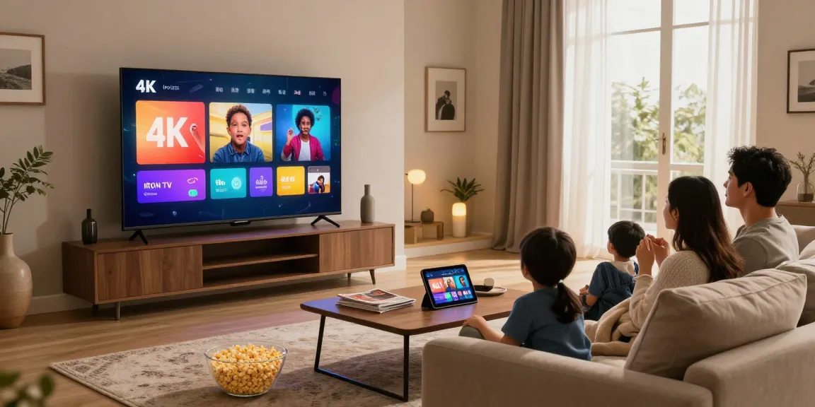 Famille profitant des chaînes IRON TV en direct dans un salon moderne et accueillant.